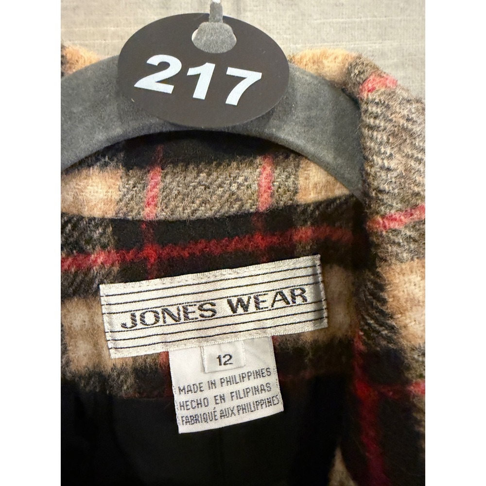 L 217 Jones Wear Plaid Wool Blend Long Coat Black Red Cream Button Front Lined - Picture 6 of 8